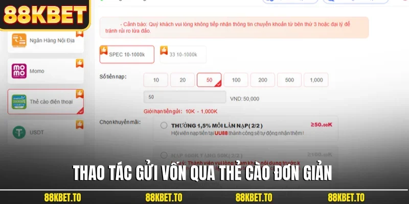 Thao tác gửi vốn qua thẻ cào đơn giản